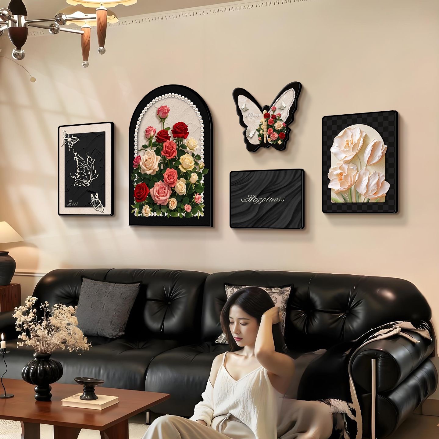 Ck-019 French Retro Living Room Decorative Painting Sofa Hanging Painting Butterfly Rose High-End Combination Painting Living Room Painting