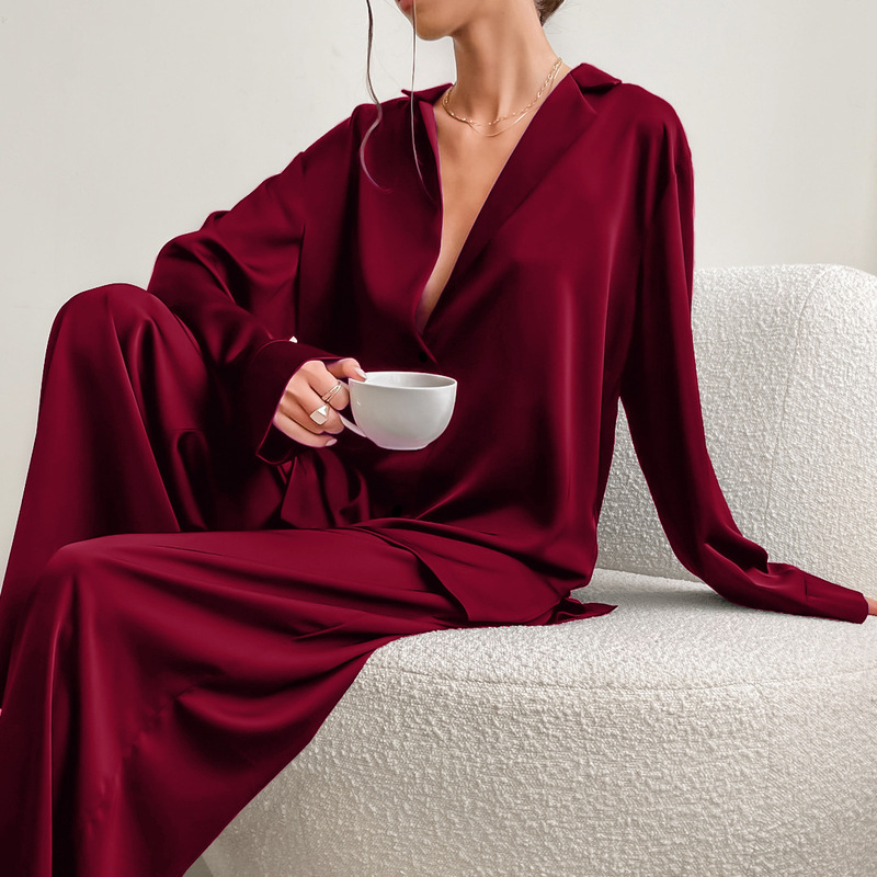 2026 Summer New Style Imitation Silk Loose and Comfortable Ice Silk Long-Sleeve Long-Pants Pajama Set European and American Cross-Border Loungewear