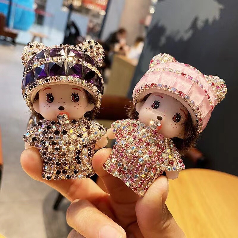 New Keychain Monchhichi with Rhinestones Cartoon Keychain Pendant Claw Machine Doll Arcade Redemption Gift
