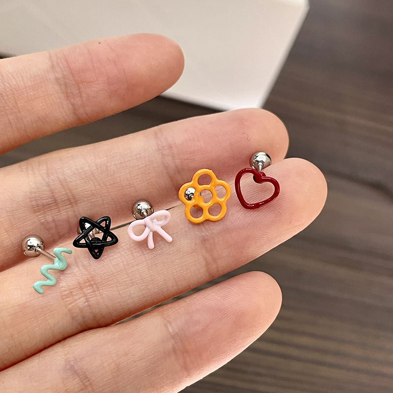 7g Weight Alloy Ear Needle Material Ear Studs Classification 1 Piece Quantity Holiday, Daily, Date Occasion Alloy Material Star, Heart Shape, Bow Knot Pattern Women's Gender Cartoon Style Style 1 Piece Cartoon Style Star Heart Shape Bow Knot Alloy Ear Studs 9