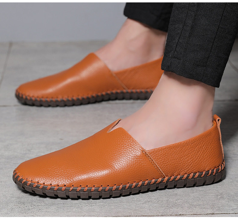 Giày lười nam da bò lớp đầu cỡ lớn, kiểu slip-on mũi tròn, đế bệt — 955 Trắng đục lỗ, 955 lỗ màu nâu, 955 lỗ màu đen, 955 màu xanh lam chi tiết 17