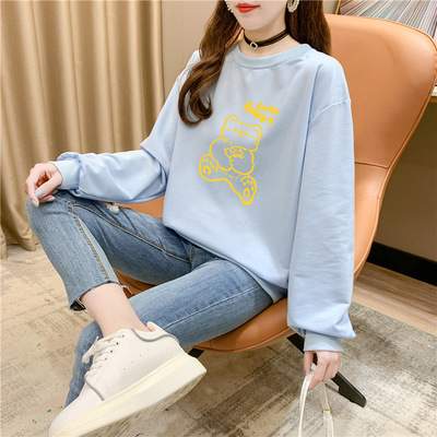 薄款卫衣女春季韩版女装印花卡通熊宽松圆领长袖学生休闲上衣女