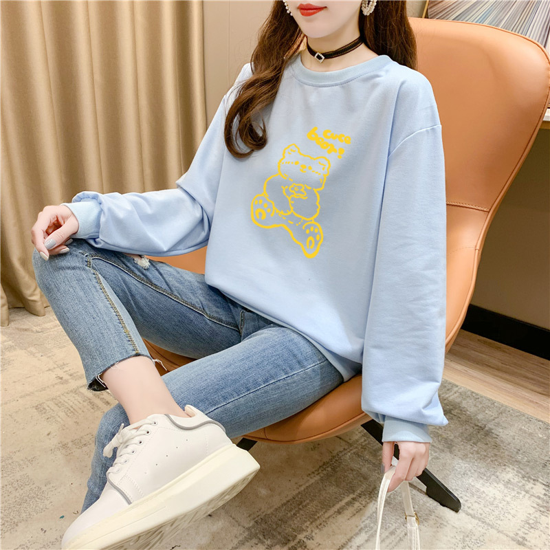 薄款卫衣女春季韩版女装印花卡通熊宽松圆领长袖学生休闲上衣女