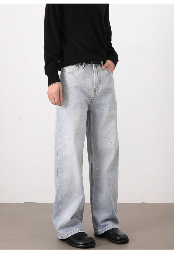 Quần jeans nam ống rộng dáng suông giặt mài họa tiết vẩy mực — Màu xanh dương chi tiết 11
