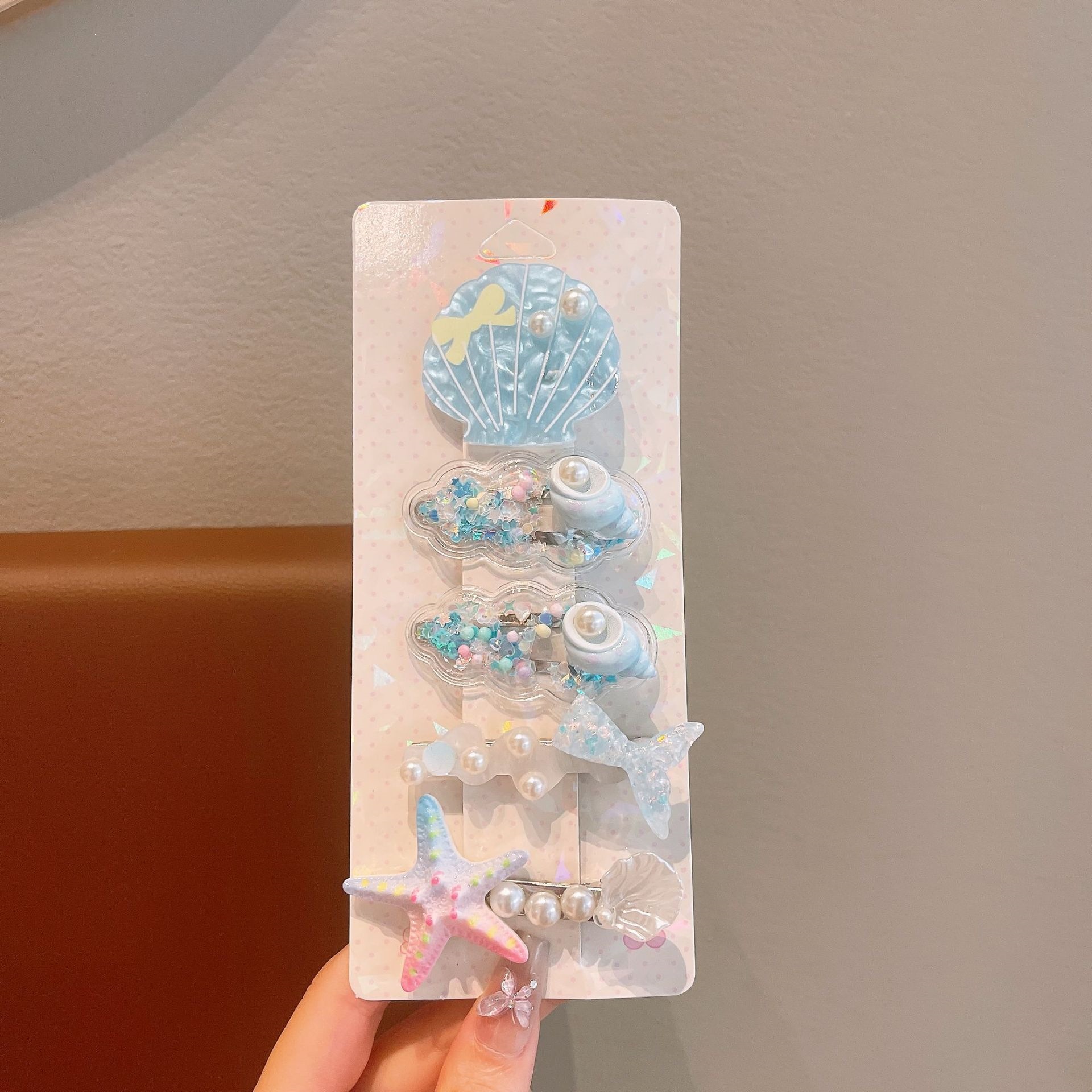 Bonitos pequeños niños frescos clip de pelo conjunto marino viento conchas estrellas perlas tarjetas de pelo princesa niñas al por mayor