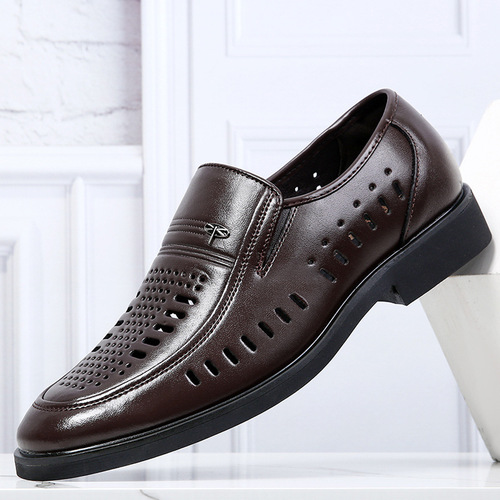 Leather Sandals Men's Genuine Leather Summer Men's Business Formal Wear Hollow Brown Anti-odor Cowhide Hollow Middle-aged and Elderly Dad Shoes