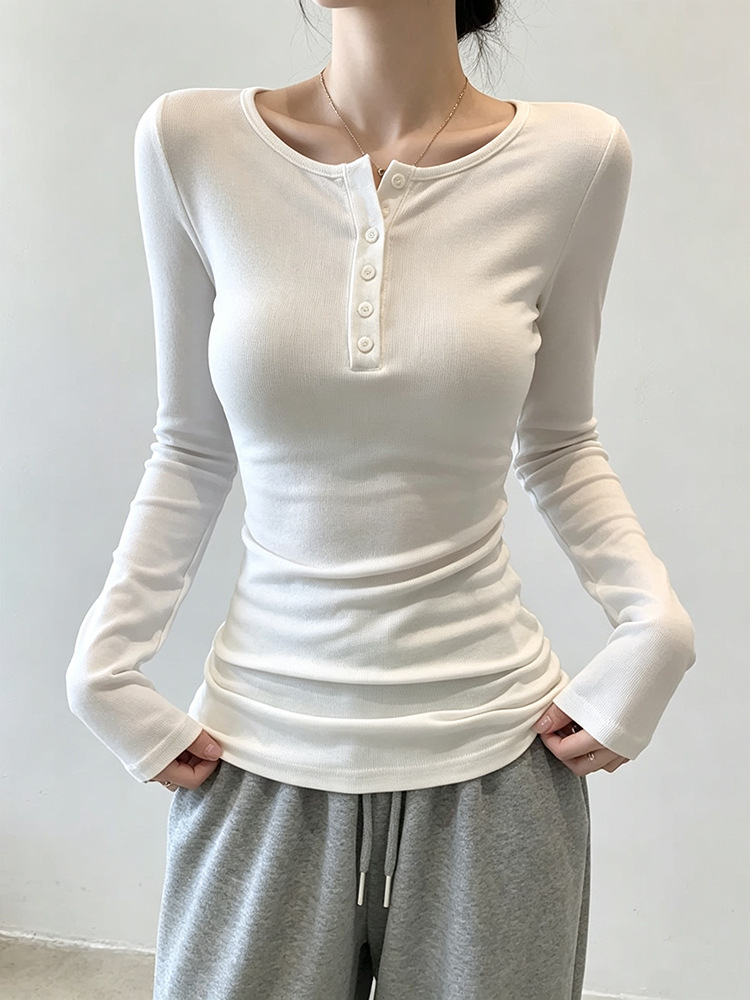 Trendy women's long-sleeve T-shirt with half-open collar and buttons, slim fit, suitable for spring, autumn, and winter, simple and stylish