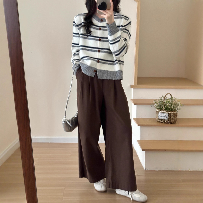 韩系短款条纹撞色针织开衫女早秋小个子宽松圆领毛衣外套外搭上衣|undefined