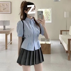 蓝色短袖衬衫女款设计感小众学院风jk小个子显瘦收腰衬衣上衣跨境