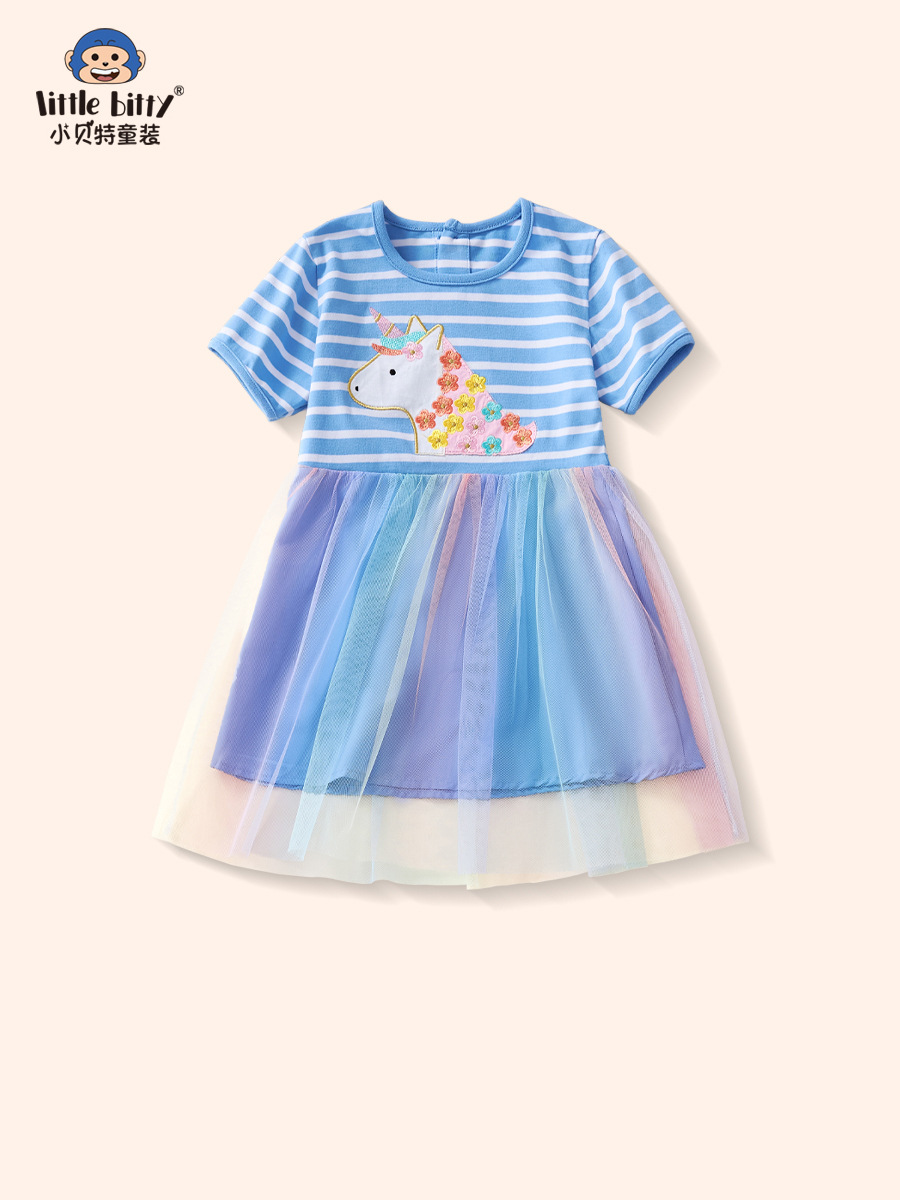 2025 Summer New Kids Cartoon Animal Unicorn dress Girls Cute Striped Mesh Princess Dress