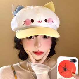 萌可爱卡通鱼猫咪耳朵八角帽子女春秋甜美百搭大头围显脸小贝雷帽