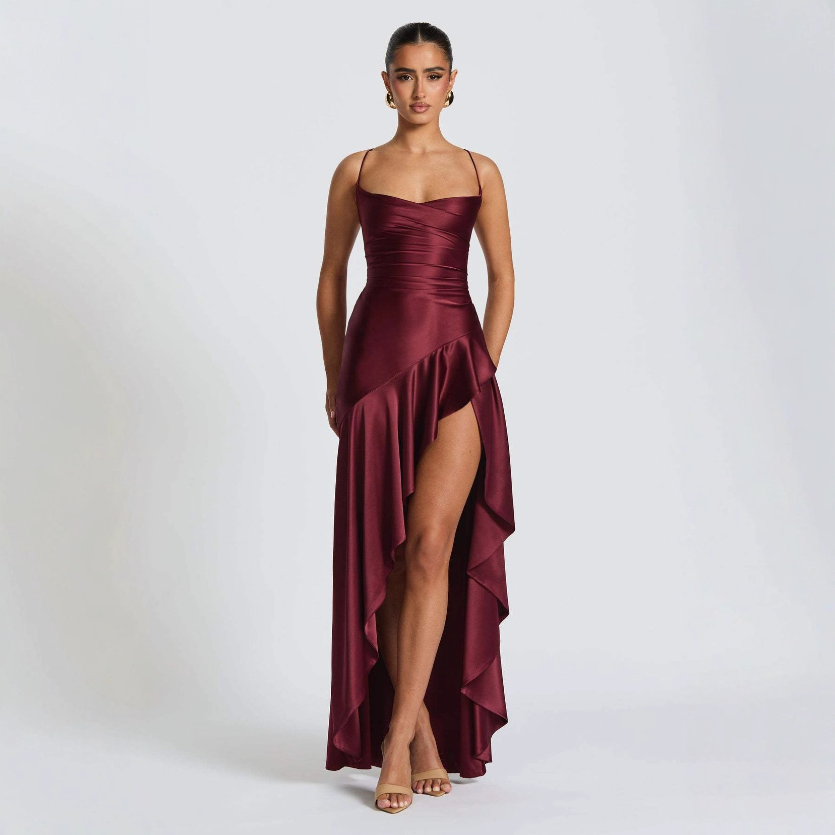 Women's Clothing Elegant Satin Slip Dress – Sexy Backless Spaghetti Strap Maxi Dress With Tie Detail (S-XL)_ecoleips.com