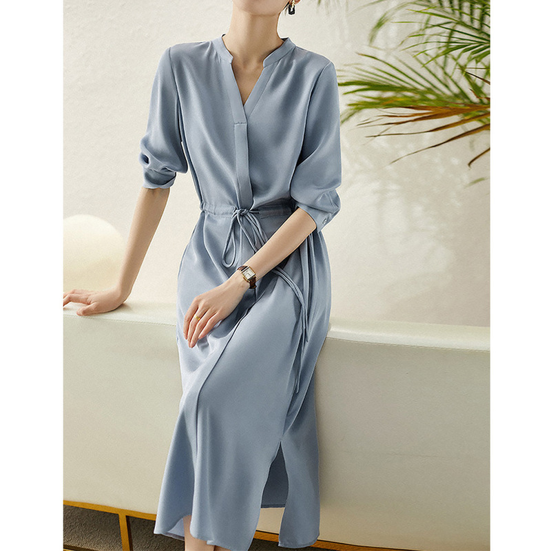 Heavyweight Mulberry Silk Shirt Dress, Silk Blue Dress, 2026 Summer Women's Mid-Length Elegant Long Dress