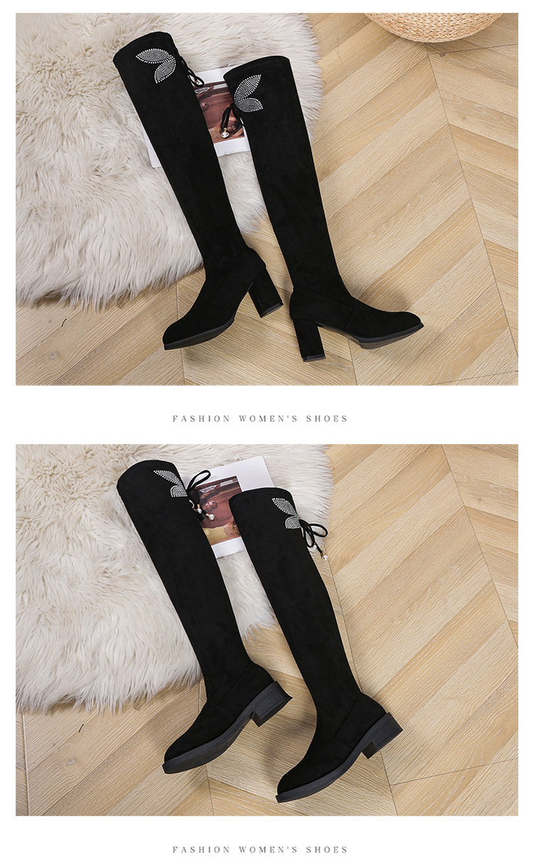 Autumn and winter new chunky heel rhinester bow thigh-high boots slim plus size elastic boots_voghion.com