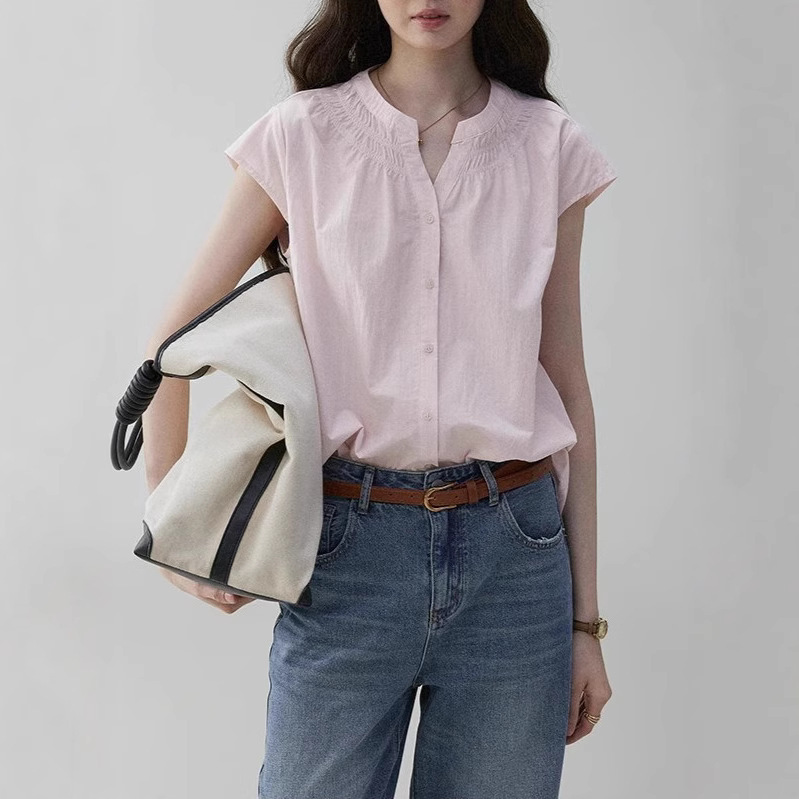 "Wasabi Pie Vooe" Pink Round Neck Small Flying Sleeve Commuter Shirt for Women 25 Summer Loose Pleated Casual Top