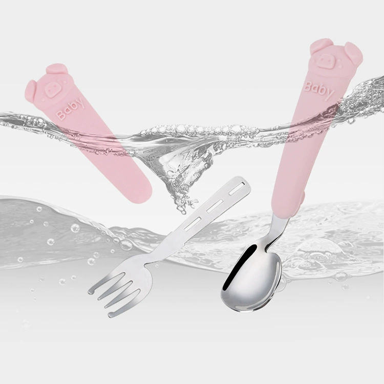 Children's silicone teaching set stainless steel, creative handheld tableware, Birthday gift