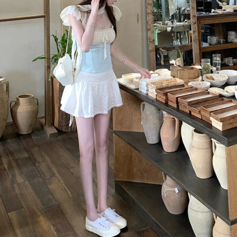 White Water Nv Vintage Ballet Fake Two-Piece Detachable Lace Top with Small Flutter Sleeves for Women, Summer Korean Style Pure Desire Atmosphere Top White Water Nv Vintage Ballet Fake Two-Piece Detachable Lace Top with Small Flutter Sleeves for Women, Summer Korean Style Pure Desire Atmosphere Top