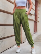 K 26581 Satin Elastic Waist Pocket Pants �����ɽ�������