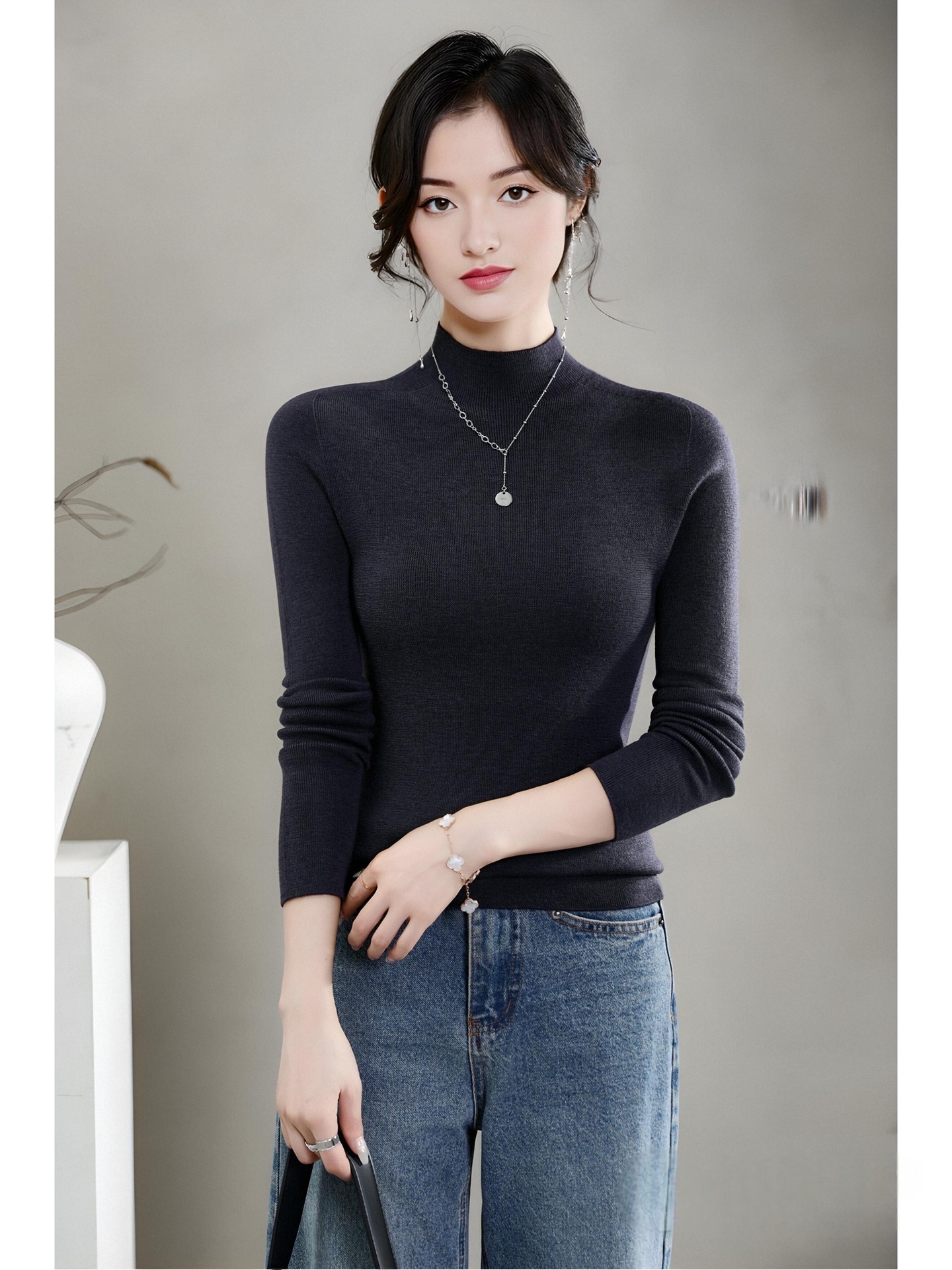 揚子糸ワンピース成形シームレスウールセーター女性のセータースリムハーフタートルネック 100% ウールニットボトリングシャツ