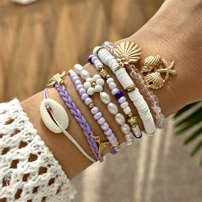 Bracelet set, marine woven ceramic design, multi-layer shell & bead stack (seasonal trend)