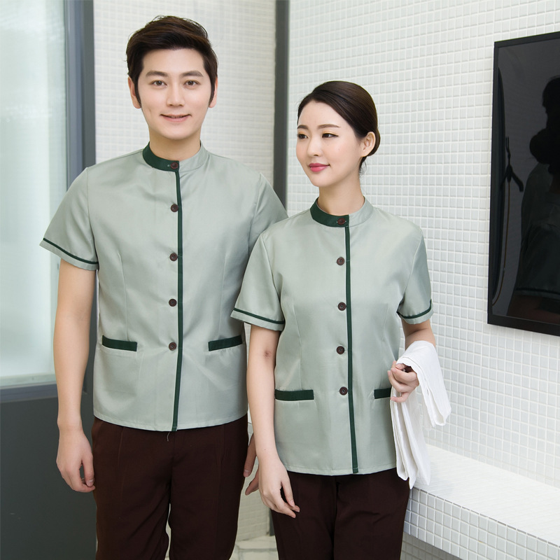 Summer cleaning uniforms, short-sleeved, unisex, for hotel room attendants, property management staff, and community cleaners.