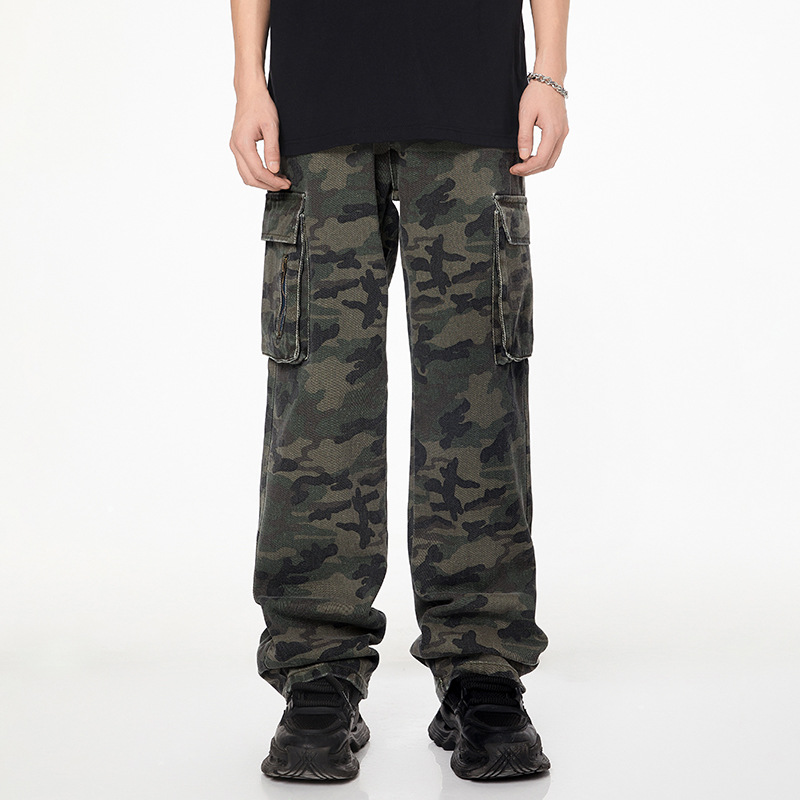 Retro multi pocket camouflage workwear jeans, men's trendy outdoor loose leg pants_voghion.com