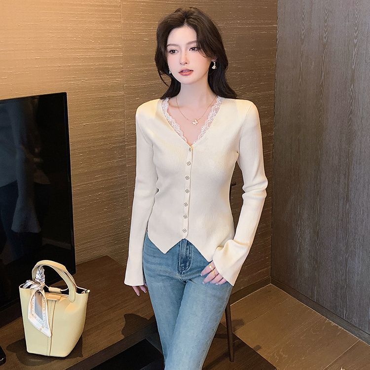 绝美别致上衣温柔独特蕾丝拼接针织衫女秋冬薄款修身v领打底衫女|undefined