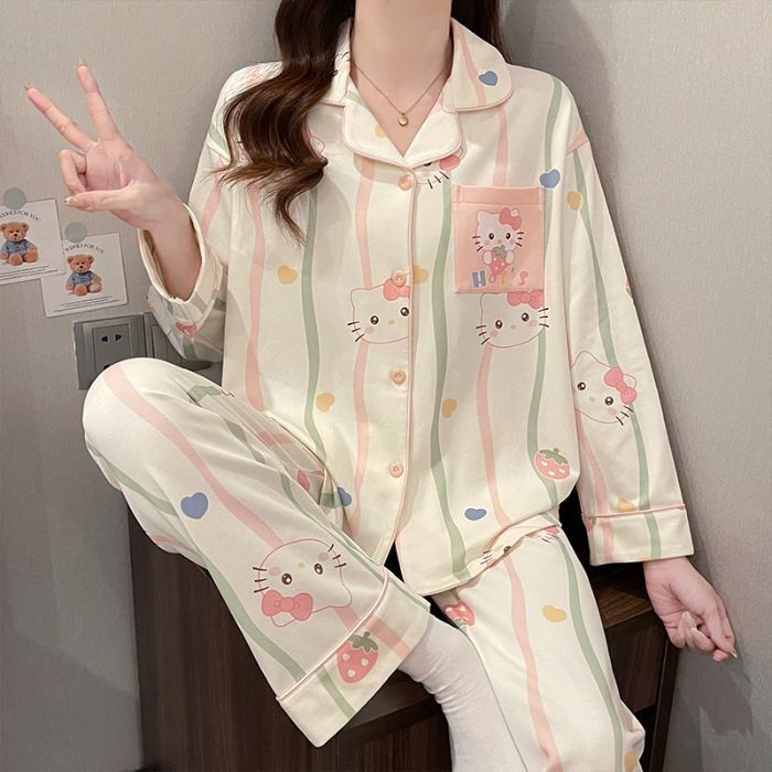 2025年春秋長袖パジャマ女性日本風アニメかわいいニット綿襟折りカーディガンセットホームウェア|undefined