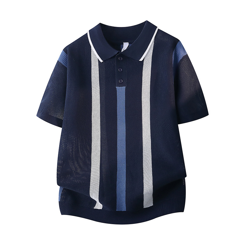 Polo camiseta de punto camiseta de manga corta hombre solapa rayas viejas camisetas de hielo agujeradas de verano fábrica transfronteriza mayorista