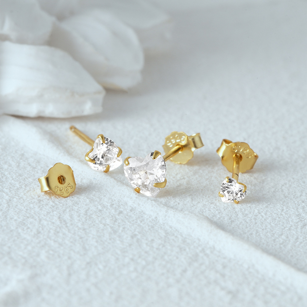 Heart Shape Pattern 3 Pieces Set 925 Sterling Silver Zircon Heart Shape Ear Studs