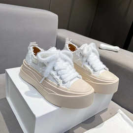 Marche studios男女款流苏波纹厚底增高手工毛边小碎花经典帆布鞋