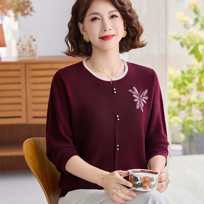 [100% Lyocell] Autumn knit top for mothers, elegant and versatile base layer set for middle-aged and elderly women