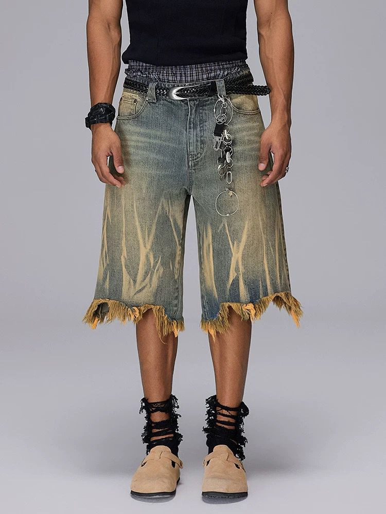 Men's Washed Denim Shorts Trendy Brand Loose Fit Cropped Style Distressed Finish Yellow Mud Dye Summer Casual Clothing_mkmklike.com