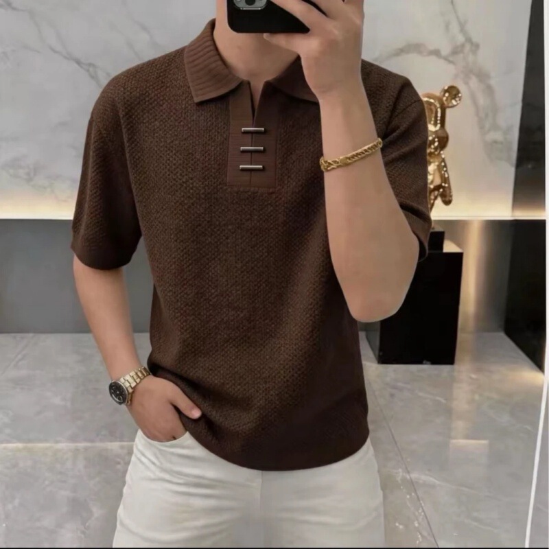 Summer Men's Old Money Style Maillard Brown Lapel Short-Sleeved Polo Shirt Quality Men's Clothing 5196 Summer Men's Old Money Style Maillard Brown Lapel Short-Sleeved Polo Shirt Quality Men's Clothing 5196