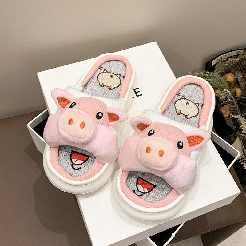 Linen Slippers Women's Cute Cartoon Piggy Summer Indoor Household Thick Bottom EVA Non-slip Cotton Linen Sandals