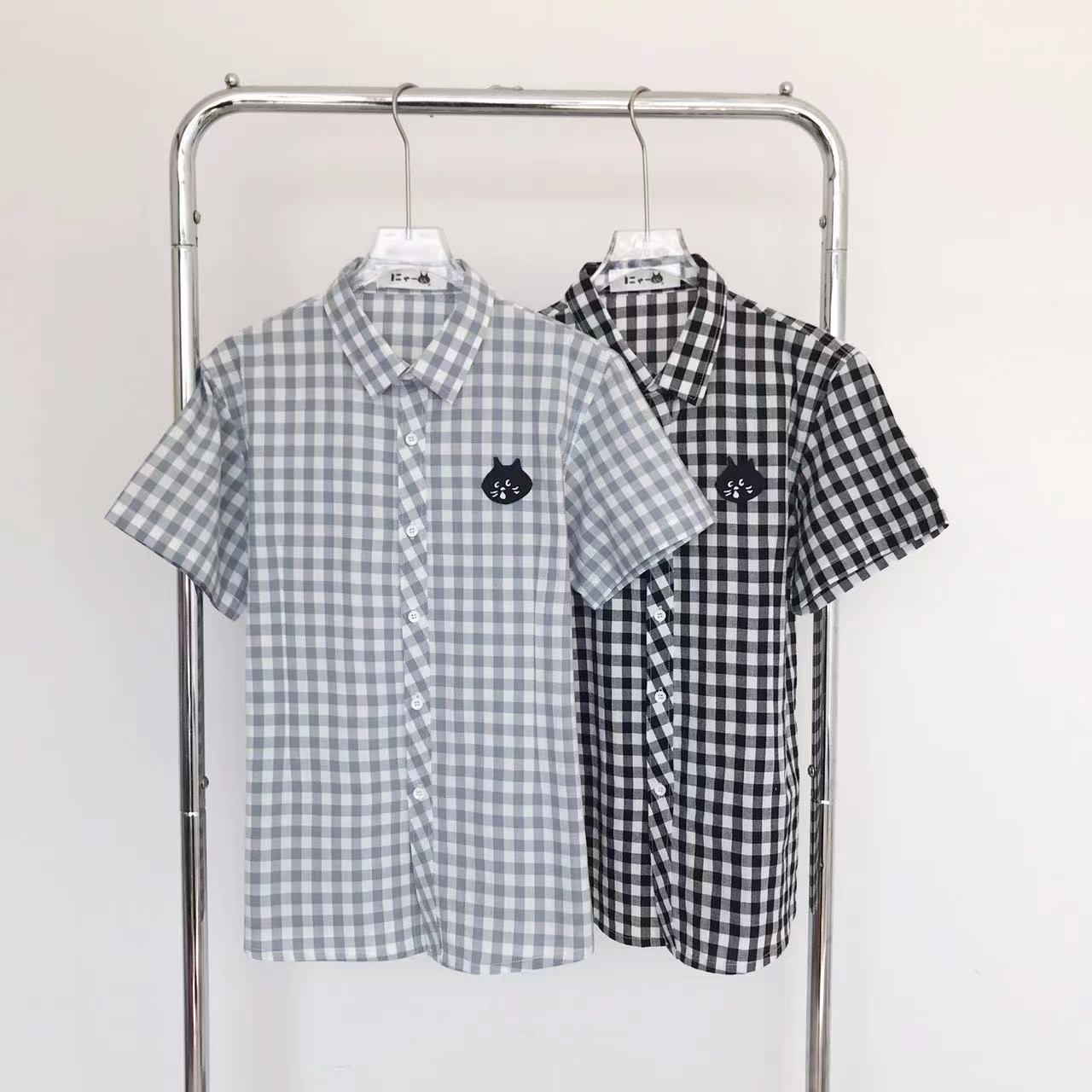 货号23A1383夏季新款日系简约休闲小方格子短袖衬衣