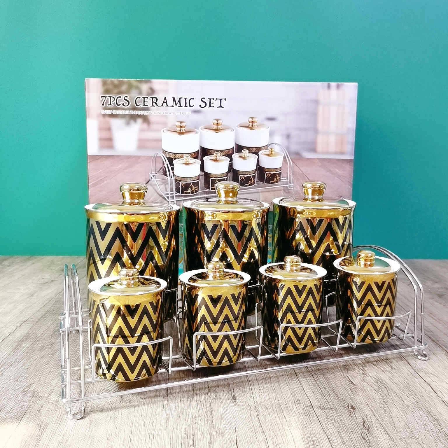 Exportar cocina sellado tarro Medio Oriente árabe galvanoplastia cerámica condimento tarro café tarro con marco de hierro de doble capa