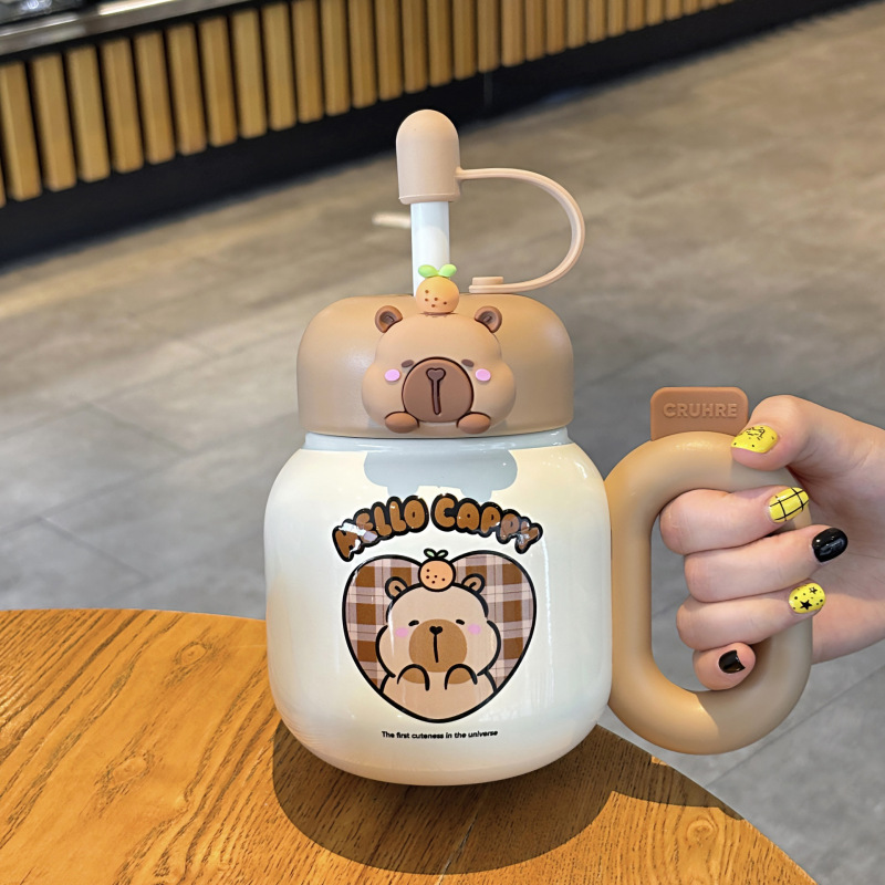 かわいい Kapibara 子供用ポットとカップセット学生魔法瓶カップ調節可能なカップロープポータブルシリコンノズル飲料カップ|undefined