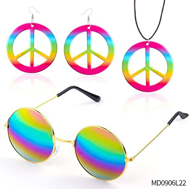 Accesorios de vestir hippies de la década de 1960, diadema de girasol, gafas redondas, conjunto de aretes de collar de talismán de paz