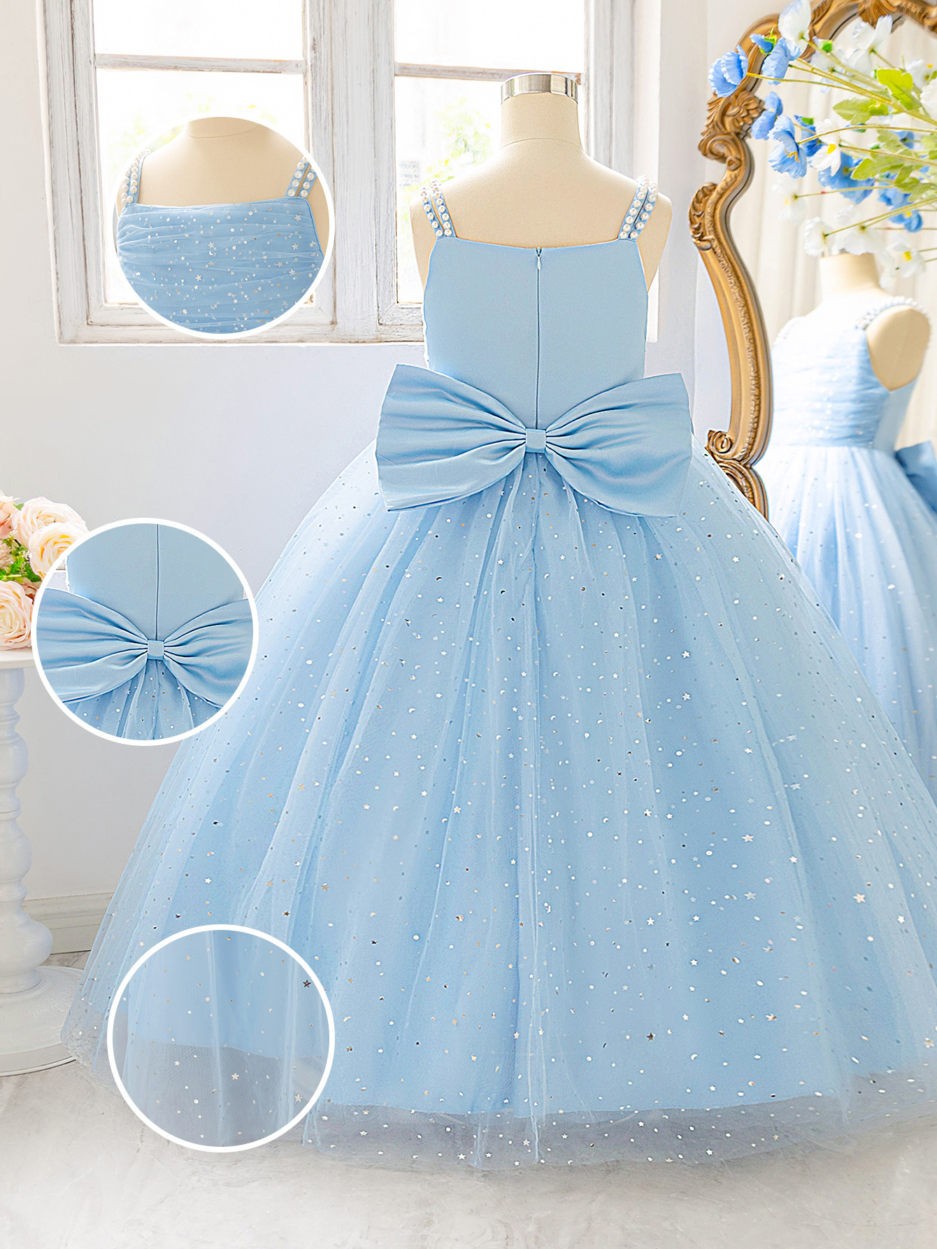 Vestido de niñas perlas esbellas esbellas de acero vestido de princesa gran arco vestido de niños vestido largo piano