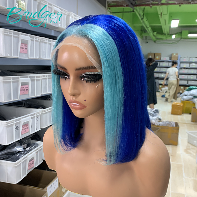 Parrucca di capelli umani STBOB blu chiaro con pizzo frontale completo da 13*4_voghion.com