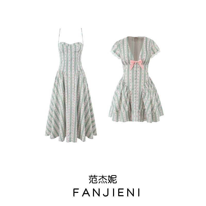 Zr Export Wholesale European and American Style Women's Fashion Sweet French Green Stripesd Cotton Mini Dress