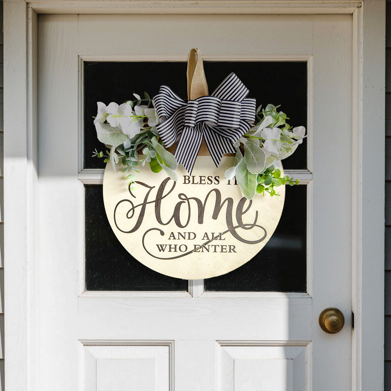New Farm Round Home Wooden Sign Courtyard Welcome Door Sign Decoration with Artificial Flowers and Bow Hanging Board Ornament