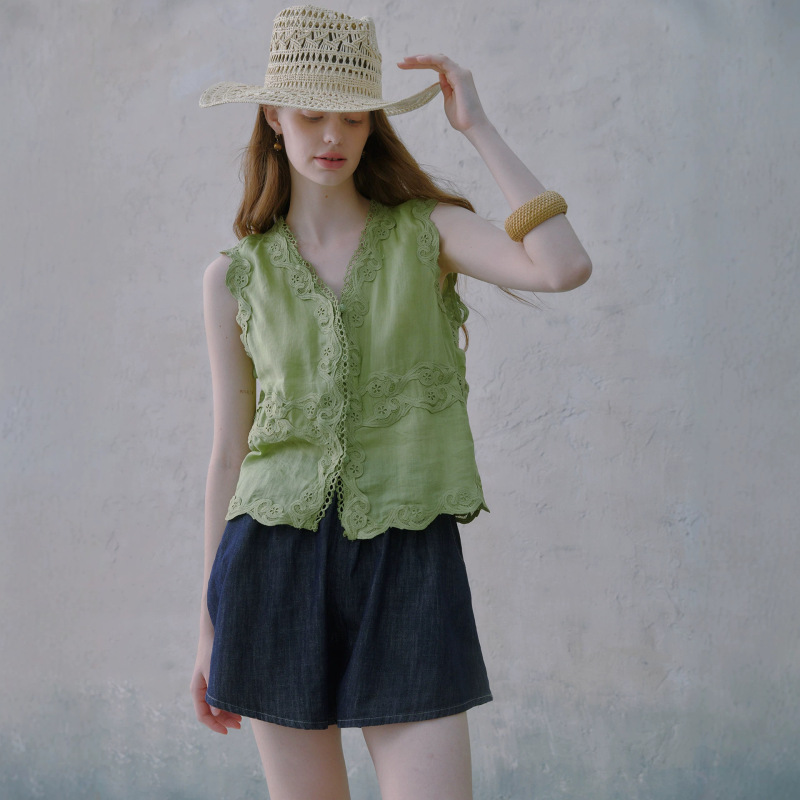 Herbal Fragrance, Light Luxury, High-Quality Craftsmanship, Lace Ramie 100% Sleeveless V-Neck Top for Women, Summer Solid Color Blouse 26 Herbal Fragrance, Light Luxury, High-Quality Craftsmanship, Lace Ramie 100% Sleeveless V-Neck Top for Women, Summer Solid Color Blouse 26