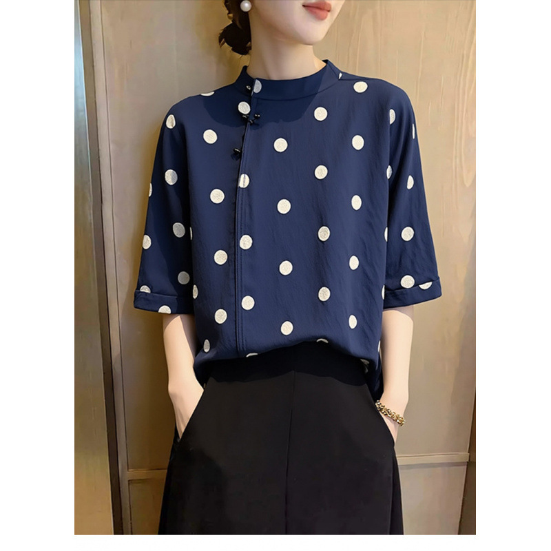 French-Style Loose Polka-Dot Short-Sleeved Henry Collar Shirt for Women, New Summer Style, Unique Commuter Top, Stylish Retro Blouse French-Style Loose Polka-Dot Short-Sleeved Henry Collar Shirt for Women, New Summer Style, Unique Commuter Top, Stylish Retro Blouse