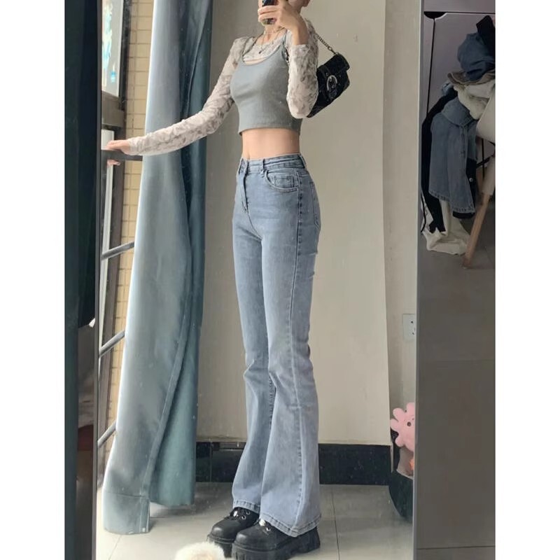 Pants Suitable for Pear-Shaped Body Types, Plus-Size, Slightly Chubby, Spring and Summer Women's Clothing, High-Waisted, Slimming, Slightly Flared Jeans for Plus-Size Girls