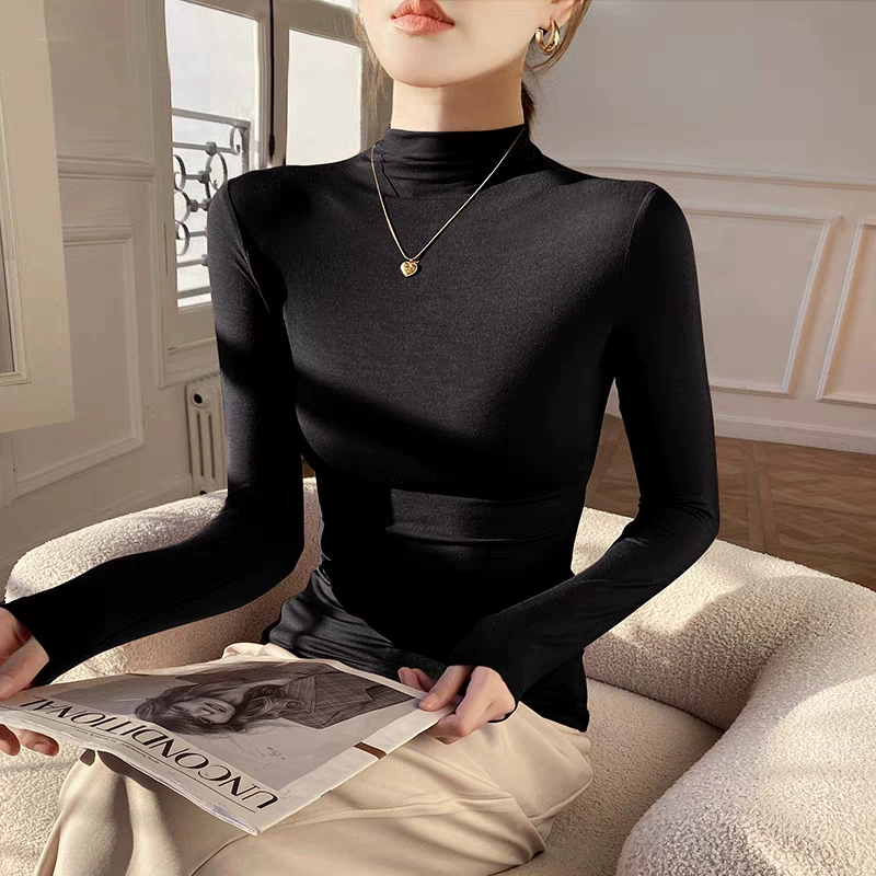 Fitted Thin Turtleneck Top, Long Sleeve, Autumn Lightweight, High Collar