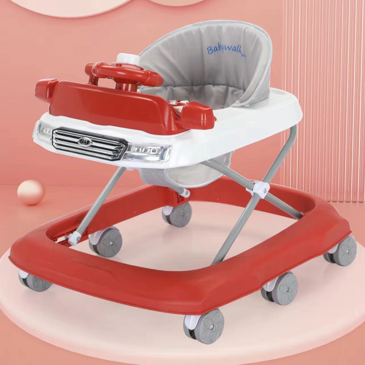 Baby walker multifuncional anti-rollback anti-piernas para bebés de un año de edad puede sentarse en un paseo asistido de cuatro ruedas.