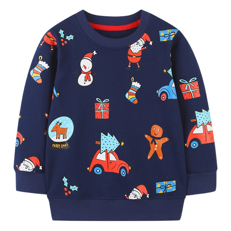 Sudadera infantil de estilo europeo y americano, nuevo producto de otoño, camiseta de manga larga para niños, sudadera infantil navideña con cuello redondo y dibujos animados