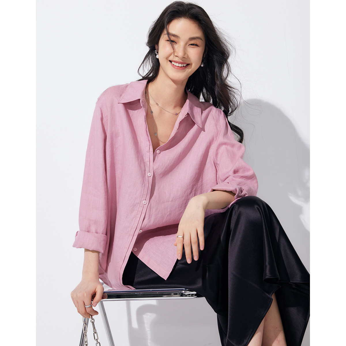 空气全亚麻长袖衬衫女新款垂韧柔软宽松亚麻衬衣女慵懒上衣